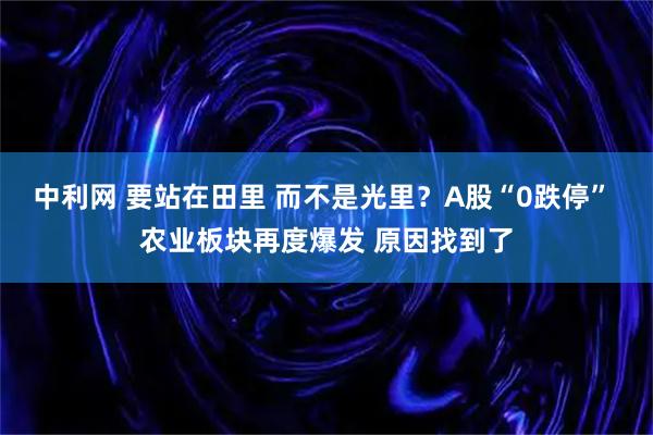 中利网 要站在田里 而不是光里？A股“0跌停” 农业板块再度爆发 原因找到了